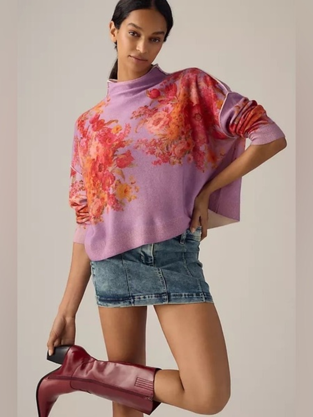 NWT Anthropologie Pilcro Alani Floral Cashmere Mock Neck Sweater